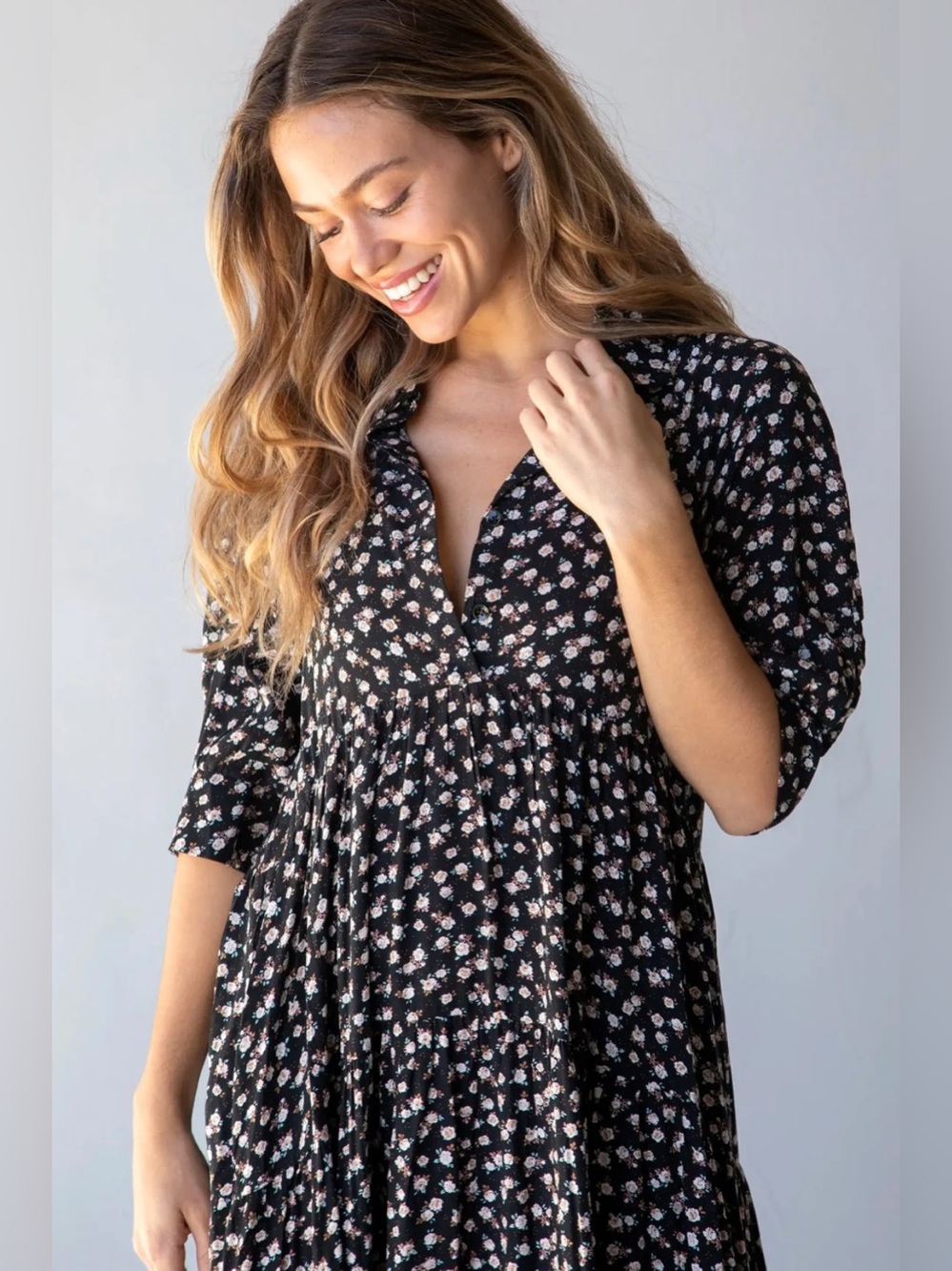 Natural Life Rebecca Midi Dress Floral Black With Cream Roses - Picture 14 of 14